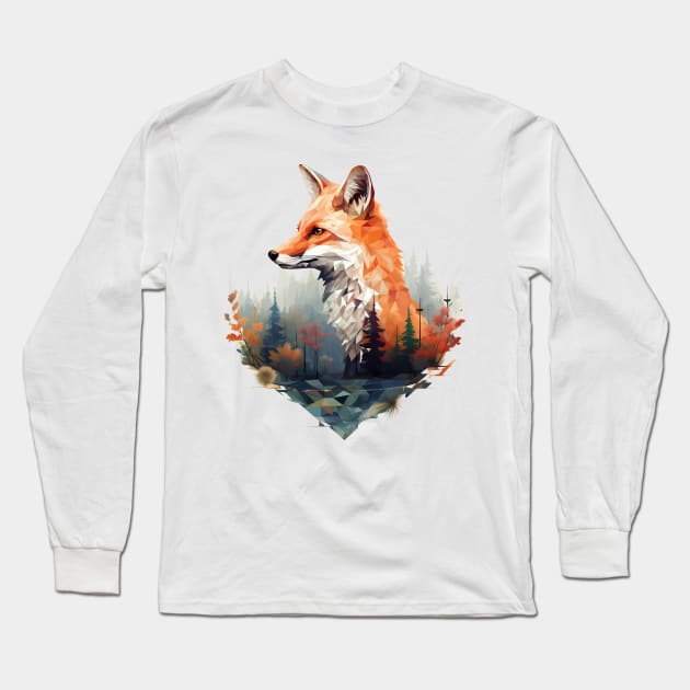 Geometric fox with forest in triangle look Long Sleeve T-Shirt by Unelmoija